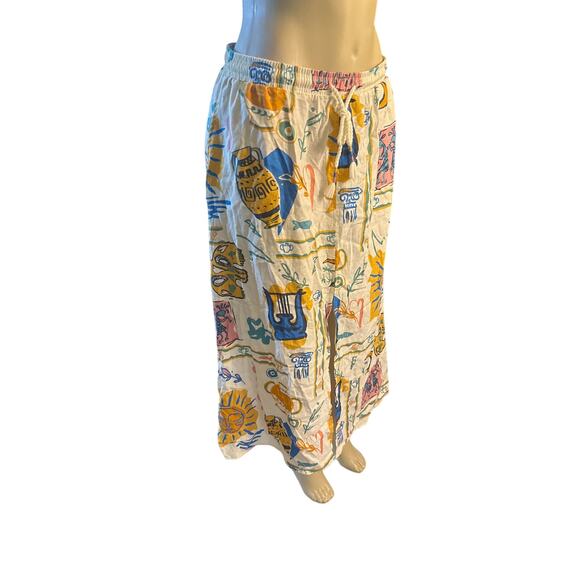 Women M Rachel Zoe Pull-On Printed Front Slit Skirt Linen Retro Painted Colorful - Picture 1 of 6